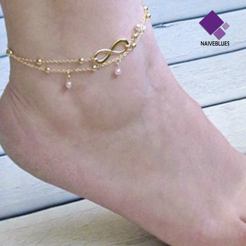 &lt; Naiveblues &gt; Sandal Boho Pantai Barefoot Infinit-y Charm Manik Gelang Kaki Layers Anklet