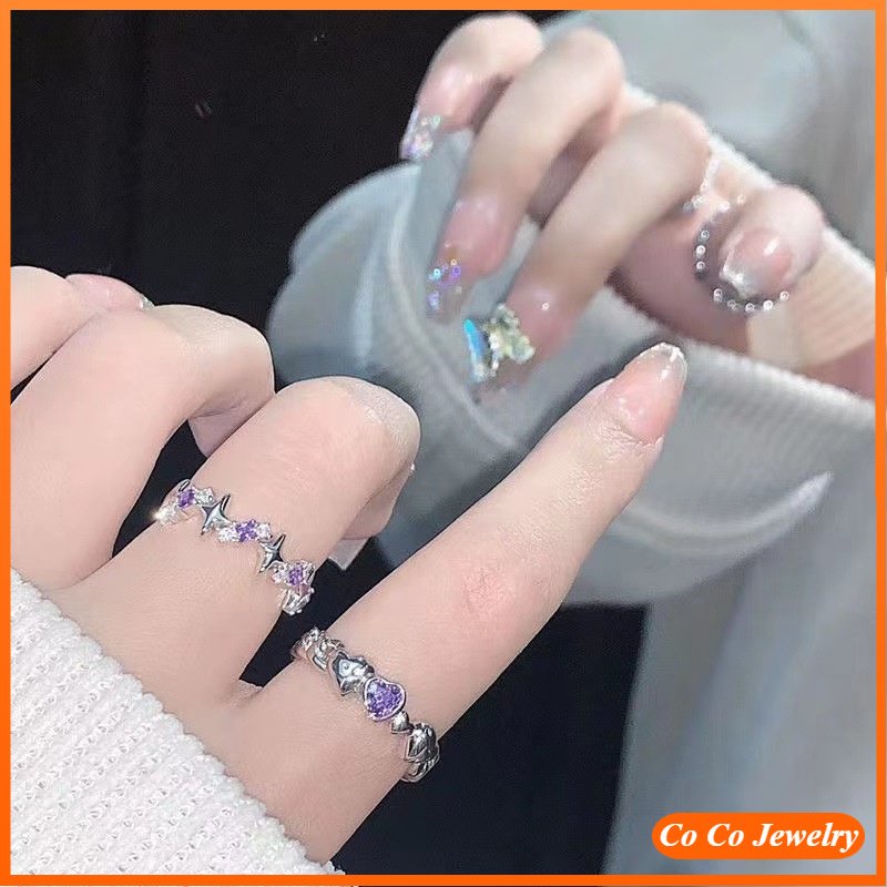 925silversweet Gaya Berlian Ungu Hati Zirkon Pembukaan Bintang Sudut Cincin Perempuan Niche Ins Gaya Keren Cahaya Mewah Kepribadian Cincin