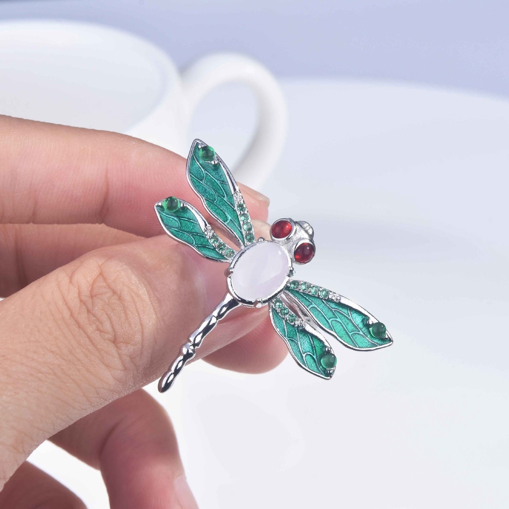 Goldkingdom Fashion Perhiasan Aksesoris Ready Stock Kalsedon Putih Alami Capung Cincin Drop Lem Cloisonne Enamel Craft Pembukaan Cincin Perhiasan Wanita