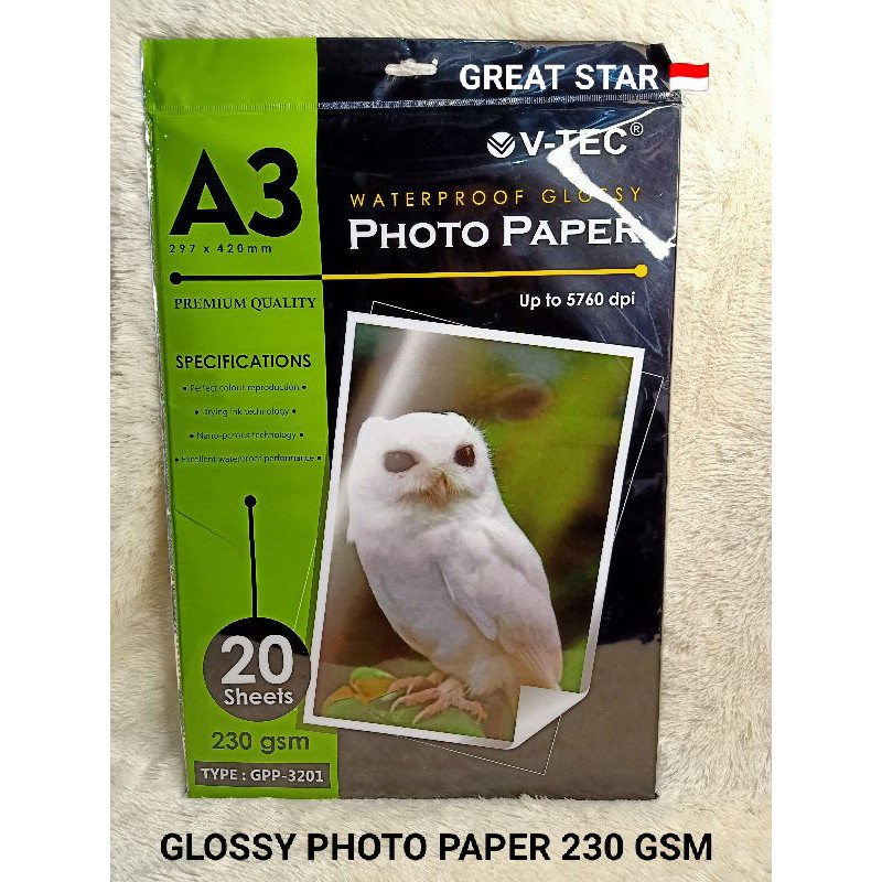 

GLOSSY PHOTO PAPER 230 GSM A3/20 LEMBAR V-TEC WATER PROFF