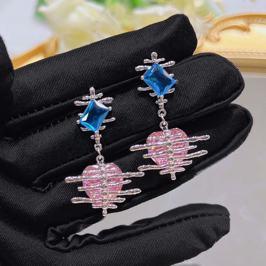 Goldkingdom Fashion Perhiasan Aksesoris Ready Stock Pribadi Disambung Tulang Ikan Kalung Manis Keren Rantai Pink Berlian Berbentuk Hati Anting-Anting