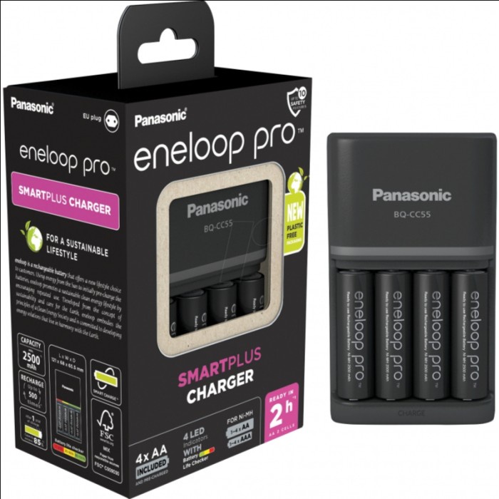 PANASONIC ENELOOP PRO SMART PLUS CHARGER + 4 BATERAI AA 2500MAH BQ-CC55