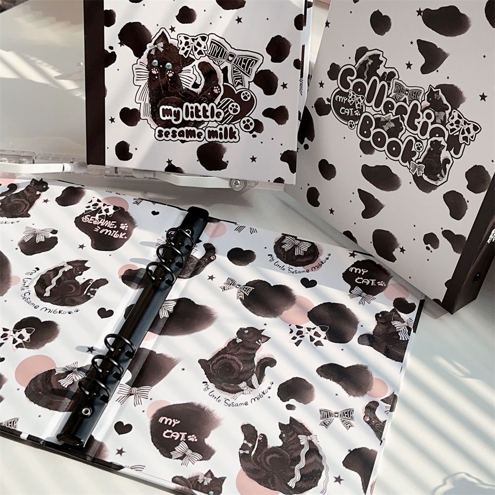 Ins Lucu Sesame Milk Meow Kucing Hitam Ukuran A5 6-lubang Kertas Shell Longgar-Daun Penyimpanan Buku 10 cm Empat-Grid Album Foto Buku Kartu