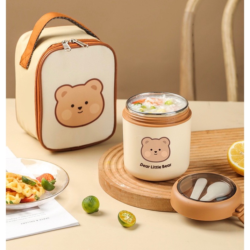 JOLINEOFFICIAL TERMOS SOUP MINI THERMAL STAINLESS STEEL 304 / TERMOS BUBUR SUP TAHAN PANAS / TEMPAT MAKANAN BAYI / BEKAL MAKANAN ANAK / BEAR SOUP CUP / CANGKIR SARAPAN / SUP KOREA DENGAN TUTUP SENDOK CANGKIR OATMEAL PORTABLE 530ML / CANGKIR SUP PORTBALE