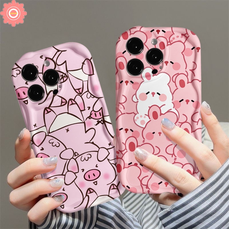 Lovely Kartun Babi Kelinci Lucu Case Untuk Samsung A14 A24 A23 A04s A52 A32 A13 A50 A12 A30s A04 A03 A03s A02s A20 A30 A20s A10s A51 A21s A11 3D Wavy Curved Edge Glossy Soft Cover