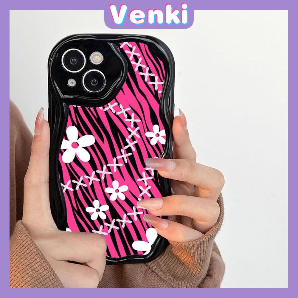 VENKI - For iPhone 11Phone Case Curved Edge Wave Case Glossy Black TPU Airbag Shockproof Camera Case White Floral Compatible with iPhone 14 13 Pro max 12 Pro Max xr xs max 7 8Plus