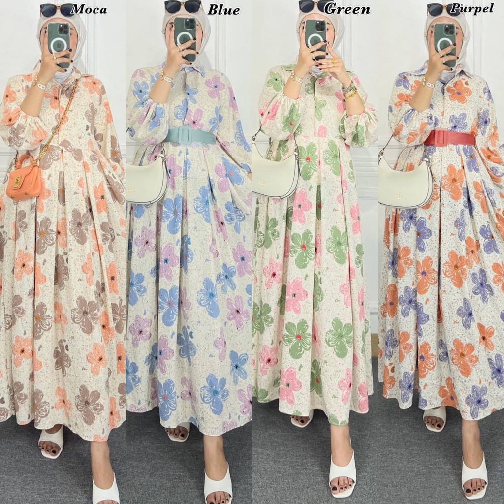 Zoyya Bunga Dress Wanita Crinkle Airflow Premium Gamis Terbaru Lengan Balon Panjang Baju Muslim Polos Kekinian LD 110 cm
