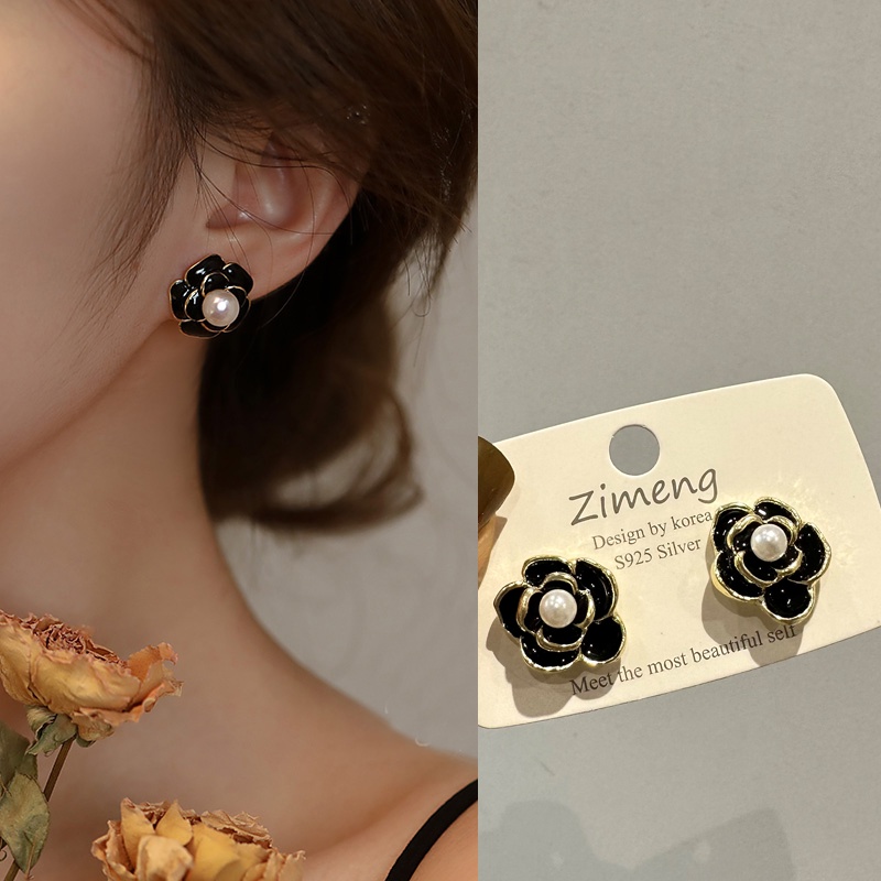 Anting Camelia Antik Mewah Tinggi S925 Sterling Silver Enamel Earrings Ear Studs Untuk Lady Perempuan