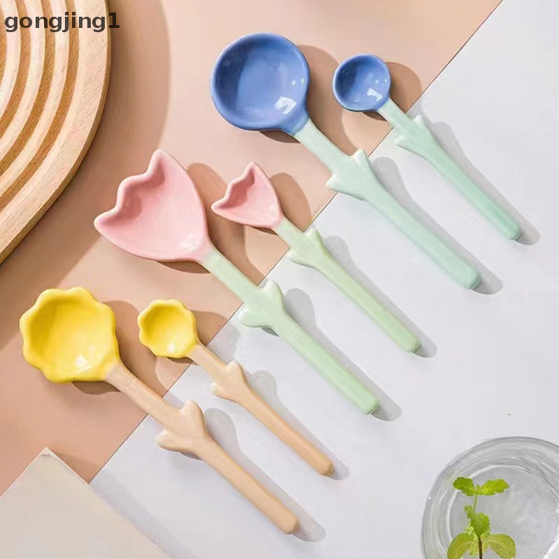 Ggg 1Pc Sendok Keramik Bentuk Tulip 3D Bunga Sendok Kopi Sarapan Dessert Spoon ID