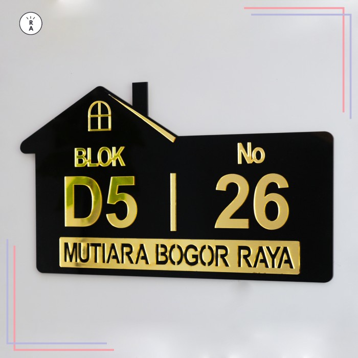 Promo Terlaris Plat Rumah Uk.30x17 / Plat Nomor Rumah Akrilik / Plat Nomor Akrilik - Gold/Bor, S(30x