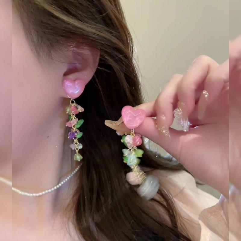 Temperamen Manis Merah Muda Cinta Kristal Rumbai Menjuntai Anting-Anting Wanita Kristal Menjuntai Anting-Anting Tren Berkilau Drop Anting-Anting Pernikahan Kait Telinga Perhiasan Wanita Fashion Perhiasan Elegan