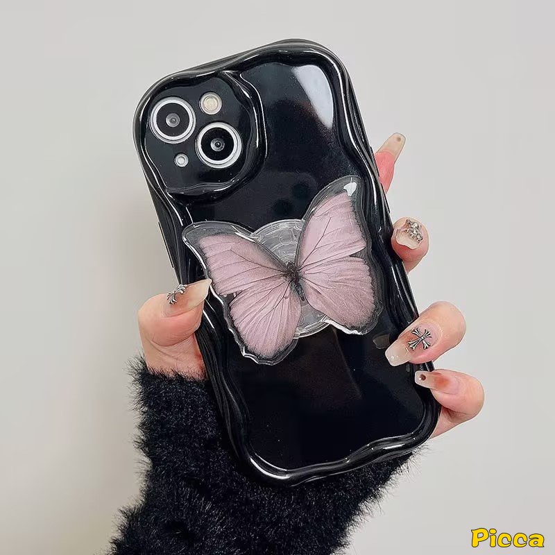 IPHONE Fashion Simple Watercolor 3D Wavy Curved Edge Case Kompatibel Untuk Iphone11 13 14 12 Pro Max 7 6 8 6s Plus XR X XS Max SE 2020 Fantasy Braket Kupu-Kupu Lipat Ring Holder Cover