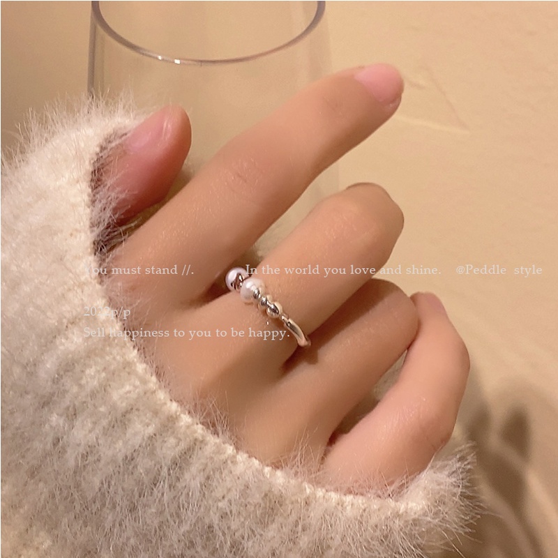 Cincin Perak Untuk Wanita Fahsion Elastis Blok Logam Mutiara Beads Rings Aksesoris Perhiasan