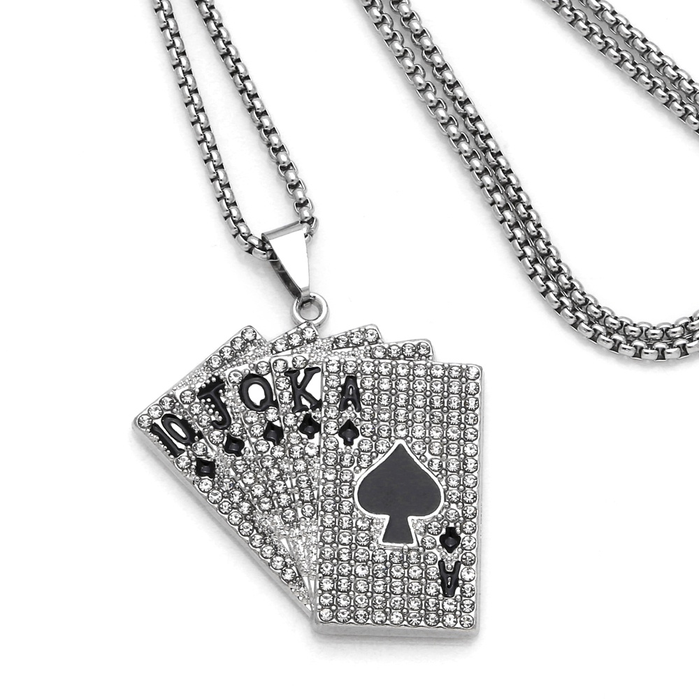 Pria Retro Warna Perak Poker Beruntung Ace of Spades Kalung Baja Titanium Panjang Punk Kalung Pernyataan Perhiasan