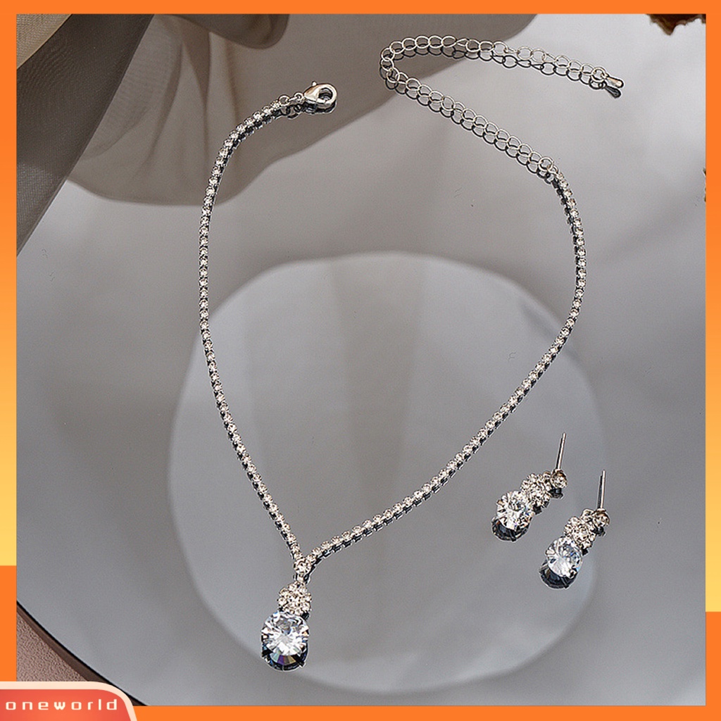 [ONE] 1set Set Perhiasan Pernikahan Elegan Untuk Wanita Cubic Zirconia Kristal Imitasi Choker Kalung Anting Pengantin Berlian Imitasi Aksesoris Fashion