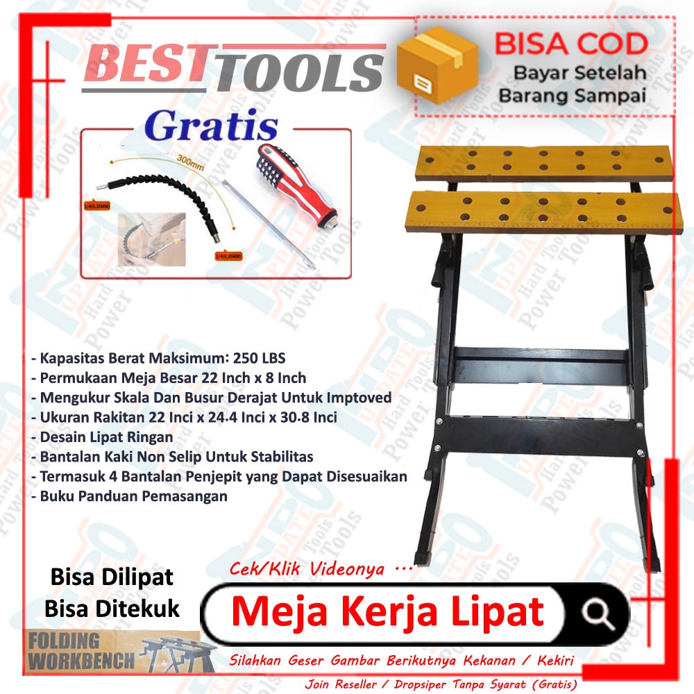 TERJAMIN !!Bestt Folding Work Bench / Workbench Meja Kerja Kayu Portabel Pertukangan Foto Studio Barang Perkakas Lengkap Dengan Penggaris