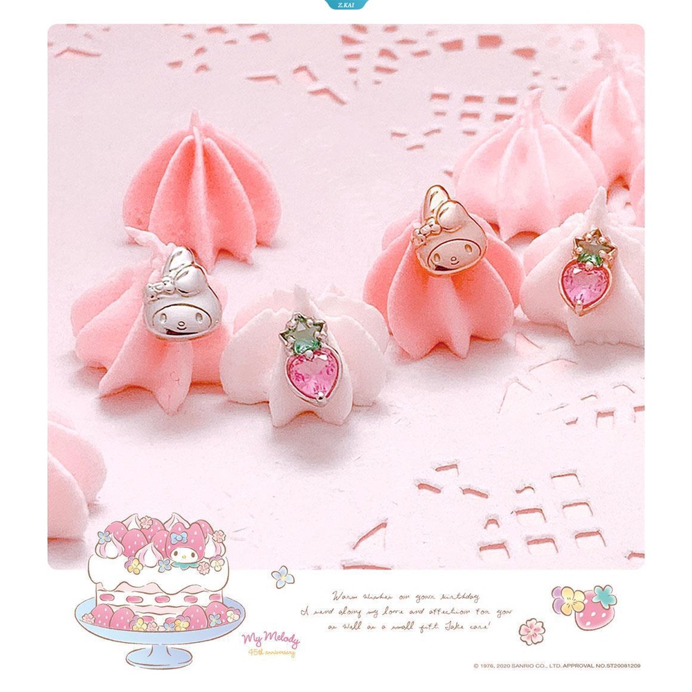 Perhiasan Perak Sanrio Sanrio Mymelody Strawberry Bright Crystal Plated Sterling Silver Anting Tusuk Anting Rose Gold [ZK]