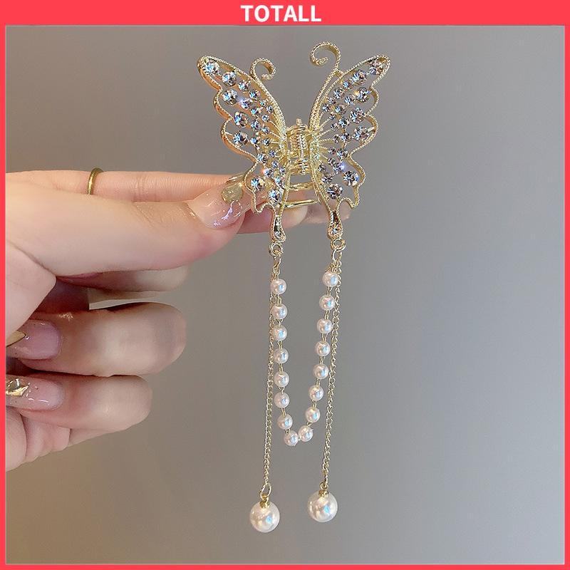 COD Klip Pegangan Mutiara Rumbai Kupu-kupu Klip Rambut Wanita Temperamen Wanita Klip Rambut Logam-Totall