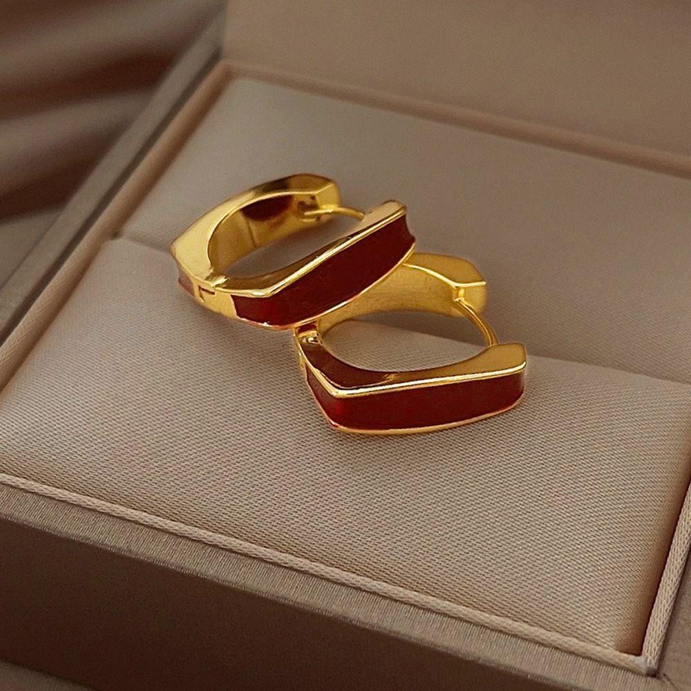 Needway Wanita Anting Hoop Minimalis Halus Desain Niche Fashion Perhiasan Gadis Hadiah Bentuk Persegi Gaya Korea Earrings