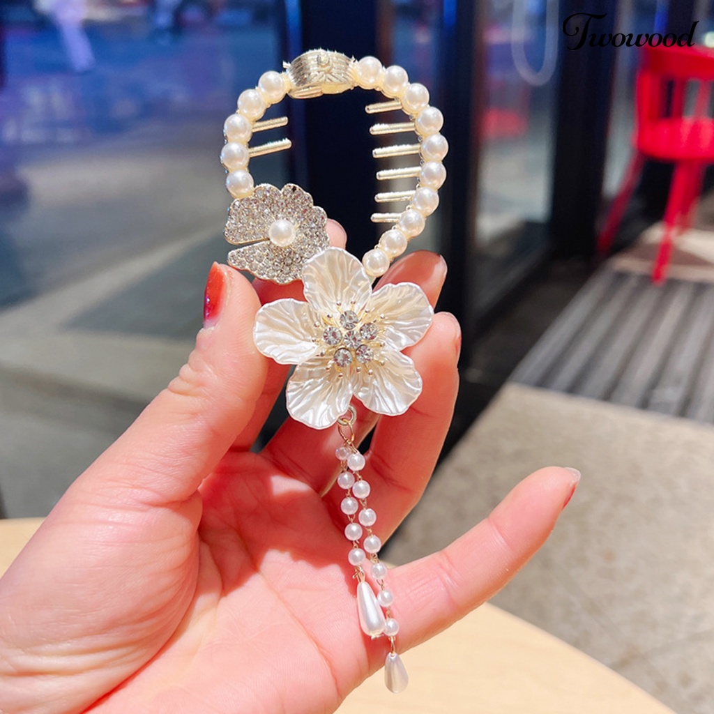 Twowood Lady Ponytail Claw Flower Panjang Rumbai Camelia Mutiara Imitasi Mengkilap Berlian Imitasi Hiasan Rambut Dengan Gigi Anti Putus Anti-slip Klip Rambut Aksesoris Rambut