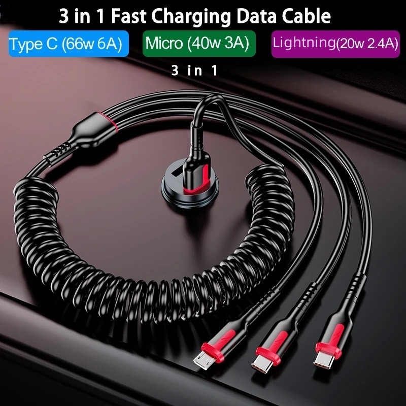 1/1.5m Spring Expansion One-Drag-Three Fast Charging Data Line/6A 66W Fast Charging USB TYPE-C Kabel Data/Kabel Cas Mobil 3-in -1 Kompatibel Untuk IPhone/Charger