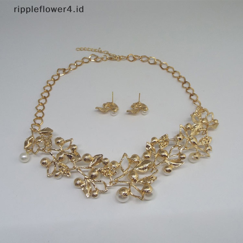 {rippleflower4.id} Set Perhiasan Elegan Berlian Imitasi Mutiara Kalung Anting Wanita Pengantin Pernikahan Perhiasan Hadiah~