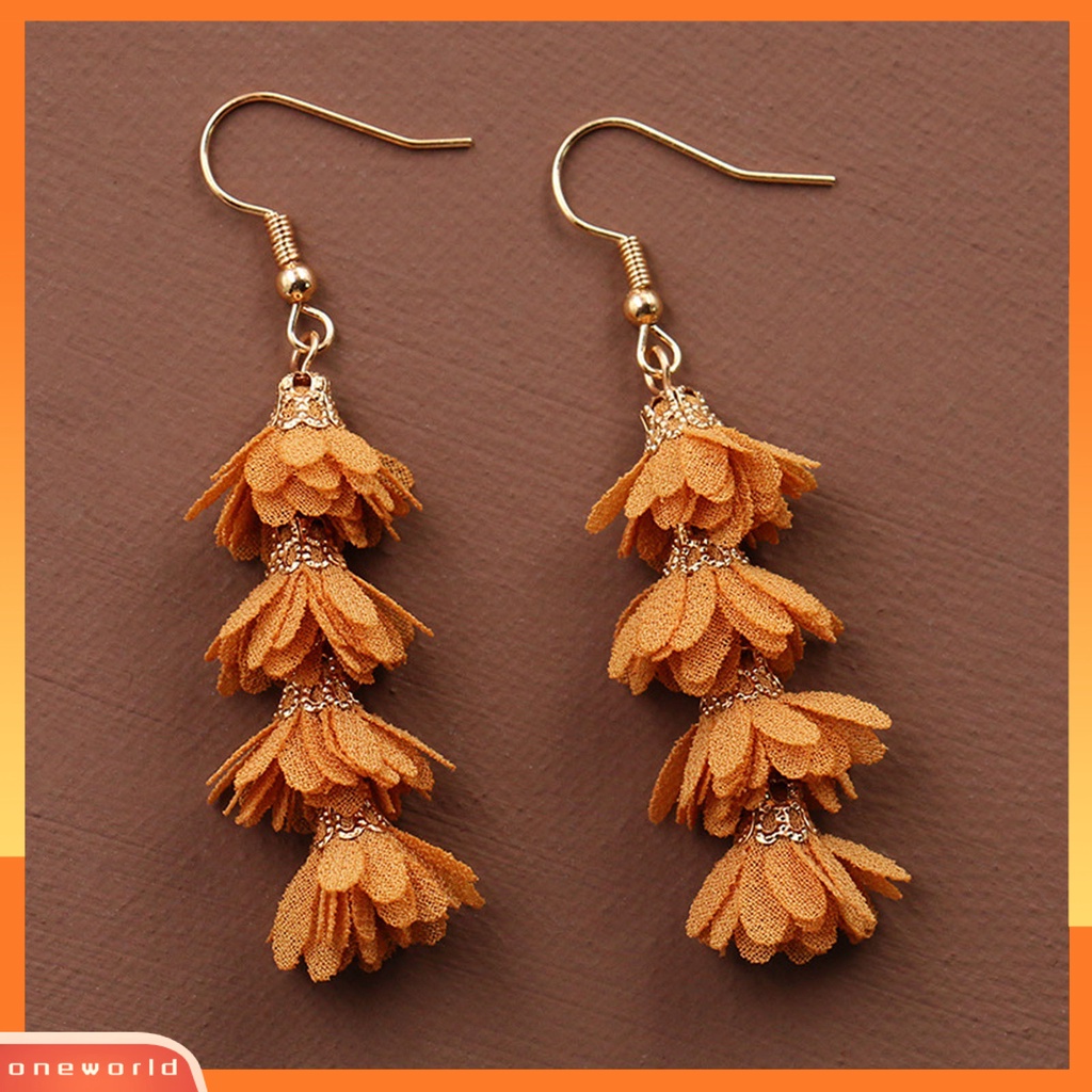 [WOD] 1pasang Tindik Multilayer Drop Earrings Kain Alloy Bunga Rumbai Kait Anting Perhiasan Hadiah