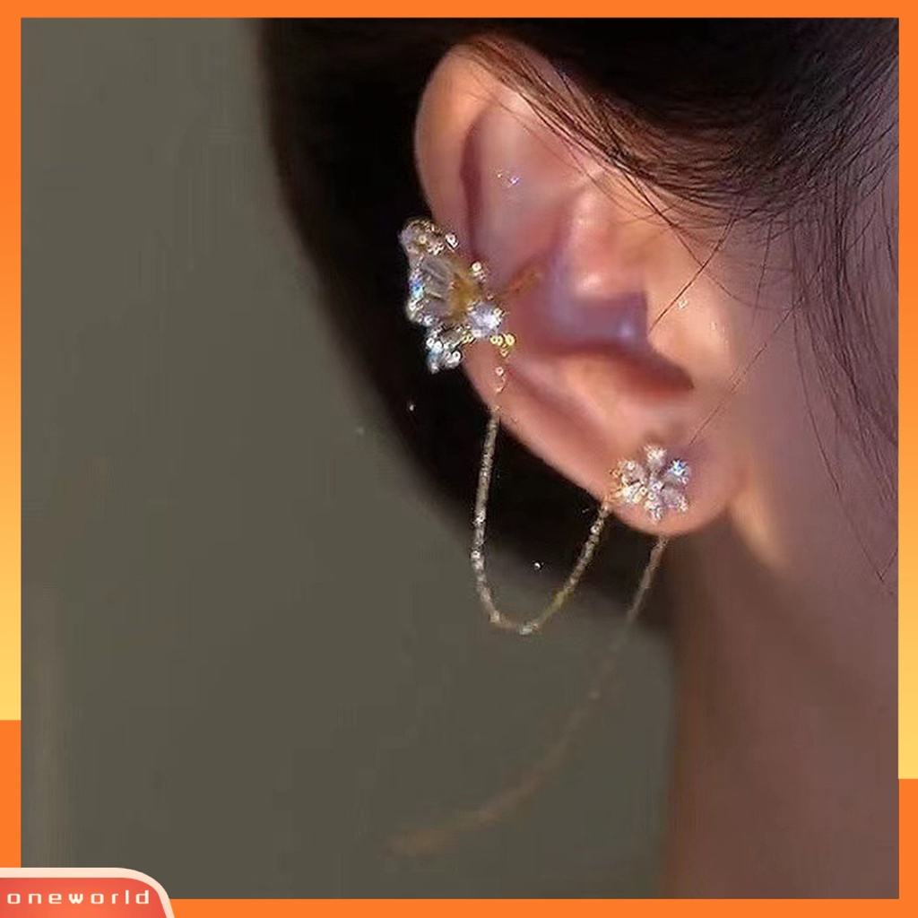 [WOD] 1pasang Anting Klip Berlian Imitasi Mengkilap Indah Berkilau High-end Besar Lengket Menghias Telinga Melubangi Hidup Kupu-Kupu Bentuk Anting-Anting Muff Hadiah