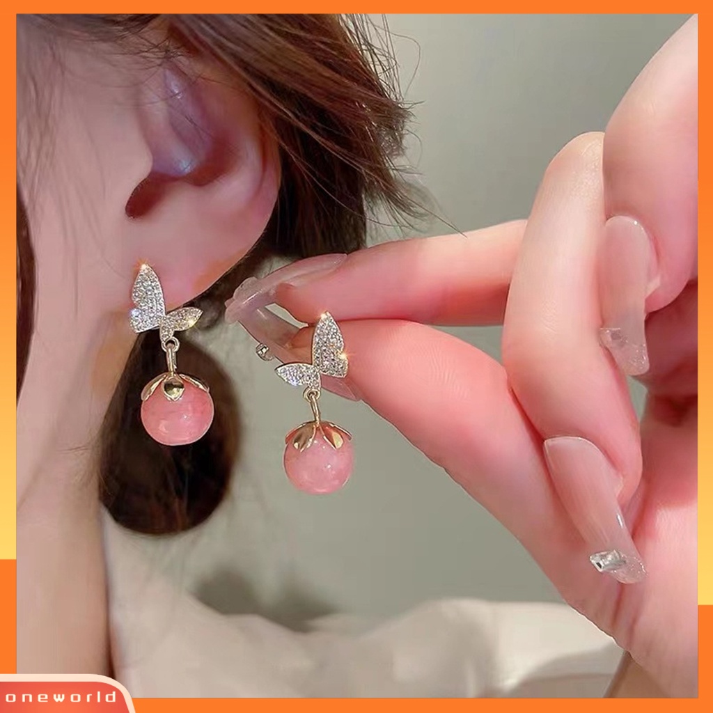 [WOD] 1pasang Wanita Stud Earrings Faux Opal Bentuk Kupu-Kupu Shiny Rhinestones Jewelry Bright Luster Drop Earrings Natal Perhiasan Hadiah