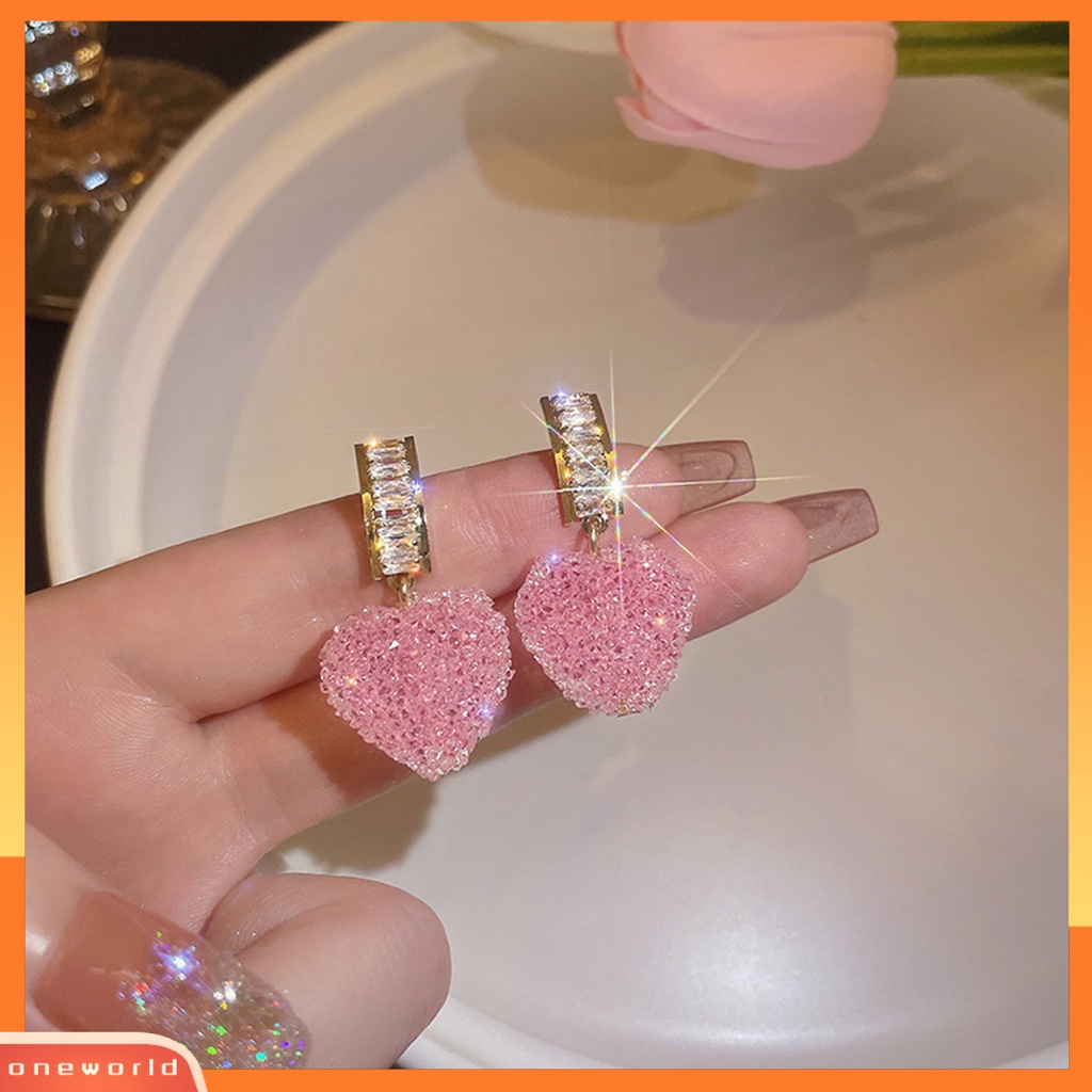 [WOD] 1pasang Anting Menjuntai Shiny Cubic Zirconia Sweet Geometric Anti Luntur Hias Hadiah Ulang Tahun Wanita Pink Fudge Cinta Liontin Stud Earrings Perhiasan Untuk Pacaran