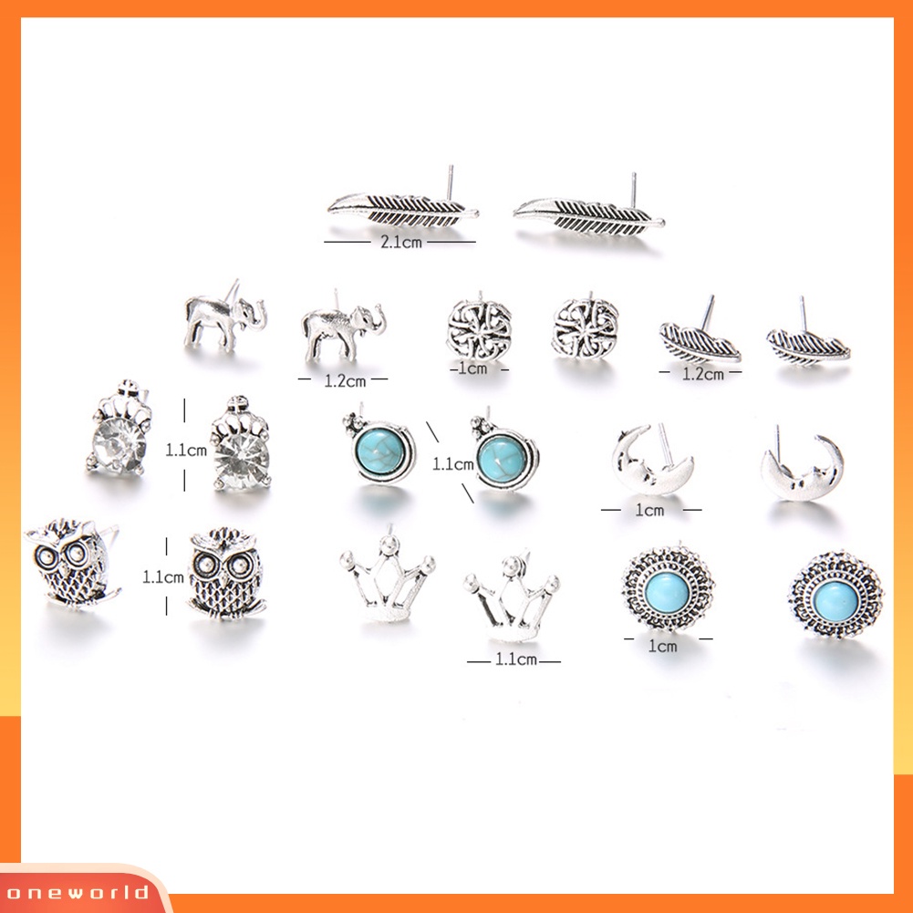 [WOD] 10pasang Wanita Berlian Imitasi Mahkota Gajah Burung Hantu Daun Telinga Studs Earrings Jewelry