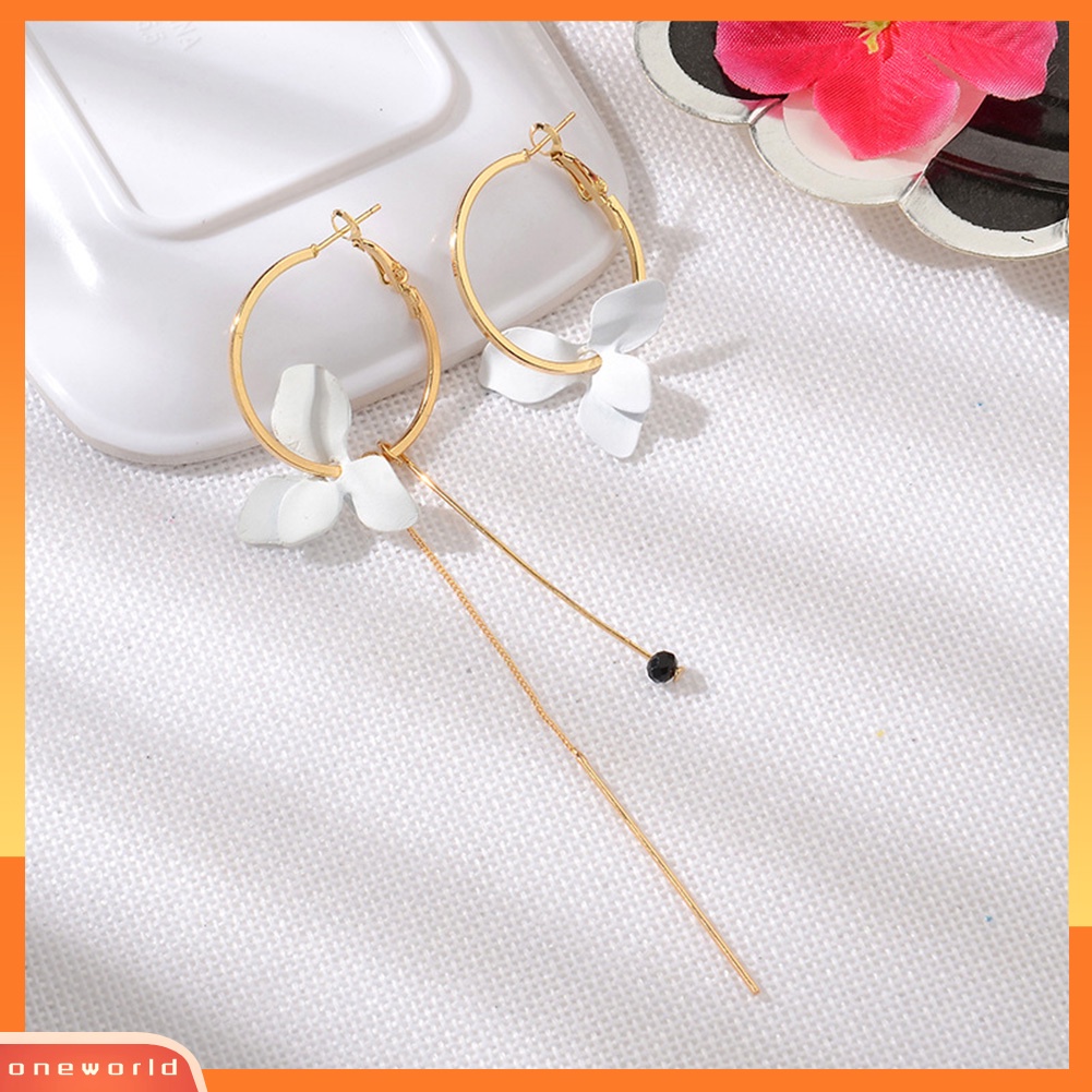 [WOD] Fashion Wanita Bunga Daun Asimetris Lingkaran Rantai Panjang Rumbai Hoop Earrings