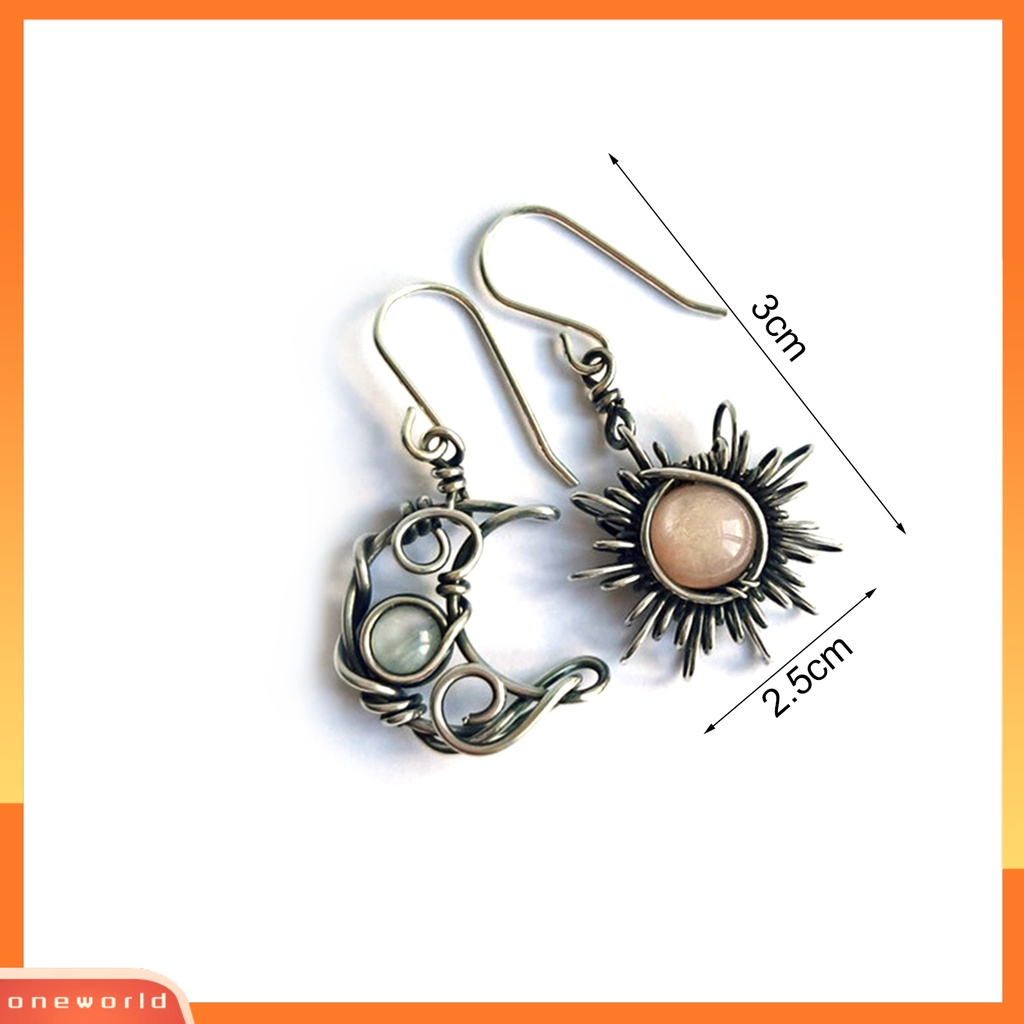 [WOD] Anting Wanita Boho Matahari Bulan Menjuntai Moonstone Asymmetric Hook Earrings Untuk Pesta