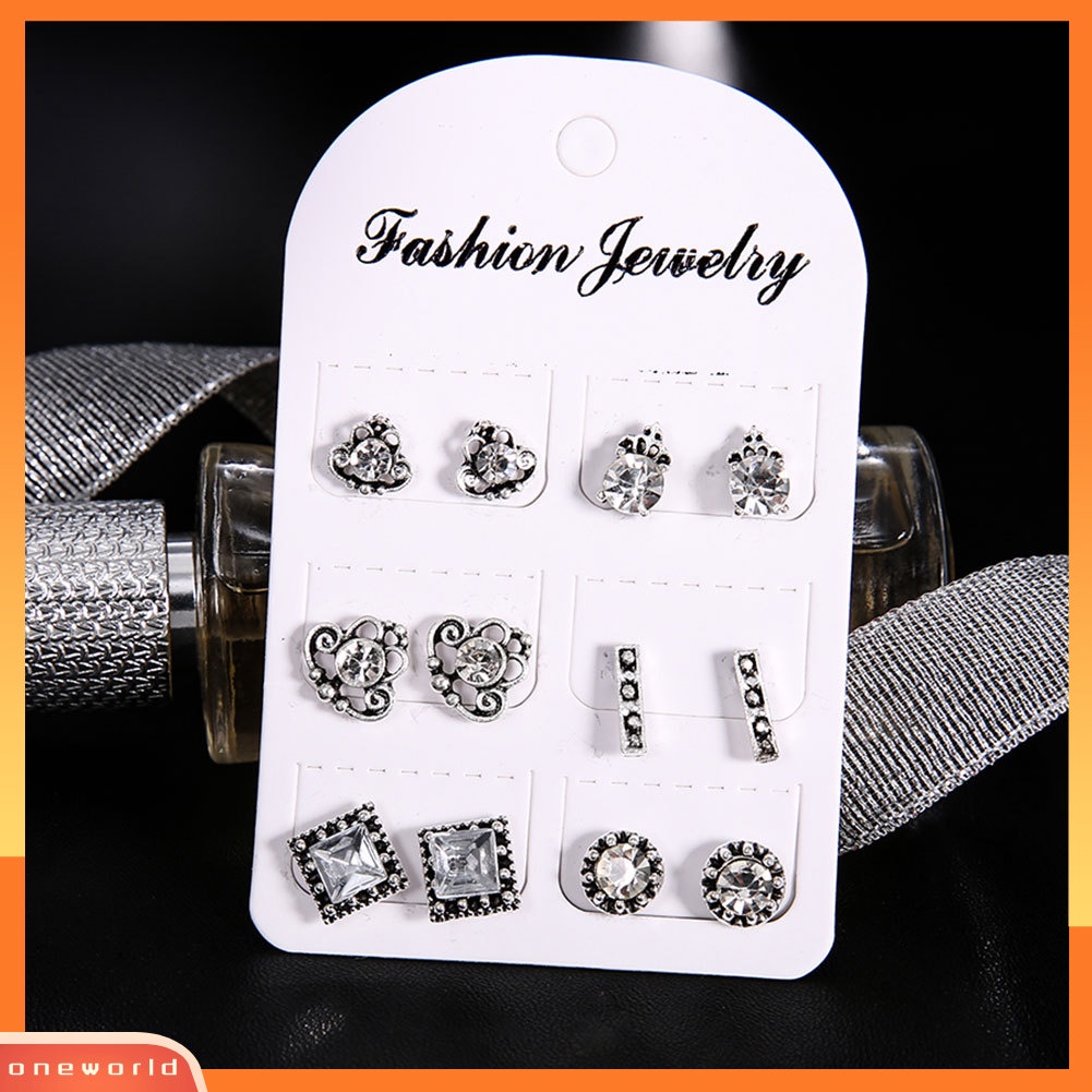 [WOD] 6pasang Campuran Wanita Bohemia Persegi Bulat Mahkota Berlian Imitasi Ear Studs Earrings