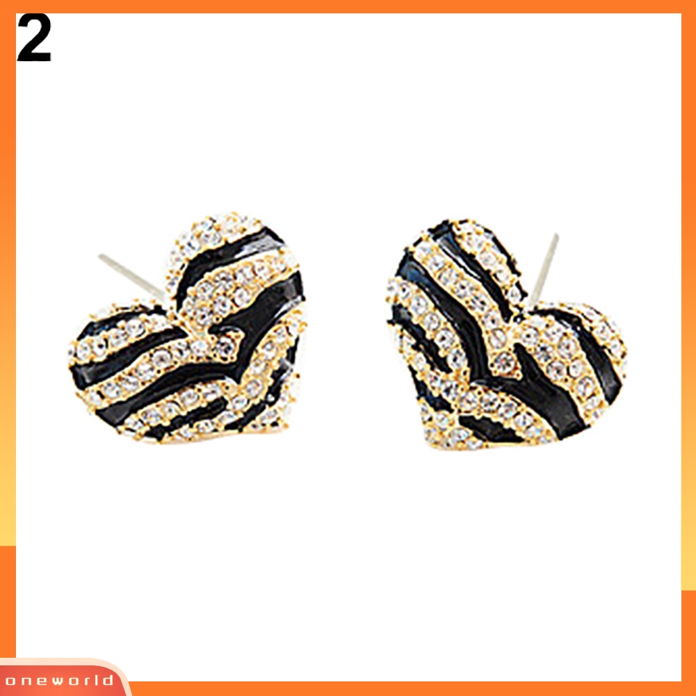 [WOD] Fashion Wanita Zebra Kristal Berlian Imitasi Bentuk Hati Ear Stud Earrings Jewelry