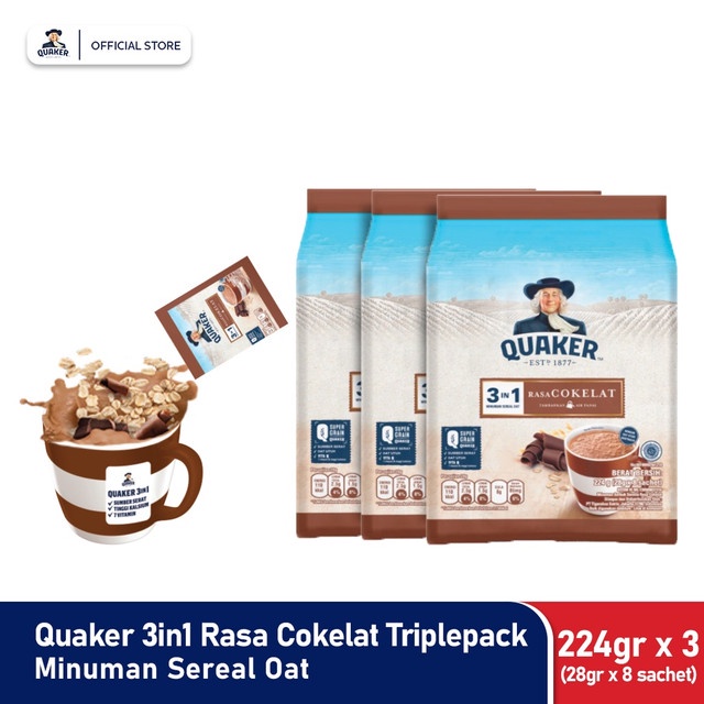 

Quaker 3in1 Chocolate Polybag 224g Minuman Sereal Oats (Isi 8 sachet) x3