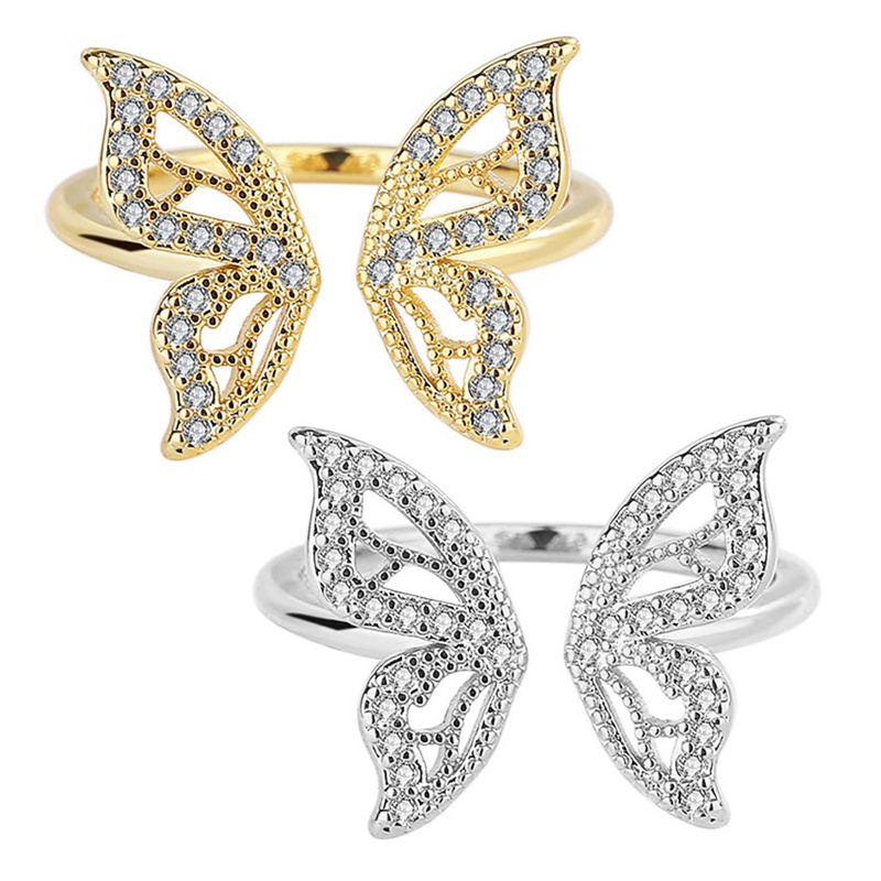 Korea Emas Berongga Kupu-Kupu Kubik Zirkon Tembaga Cincin Untuk Wanita Adjustable Terbuka Desain Pave Zirkon Butterfly Ring Pernikahan Perhiasan Hadiah