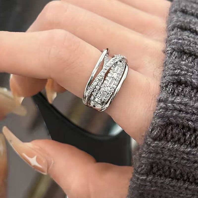 Garis Keliling Zirkon Cincin Terbuka Aksesoris Kepribadian Fashion Sederhana Cahaya Mewah