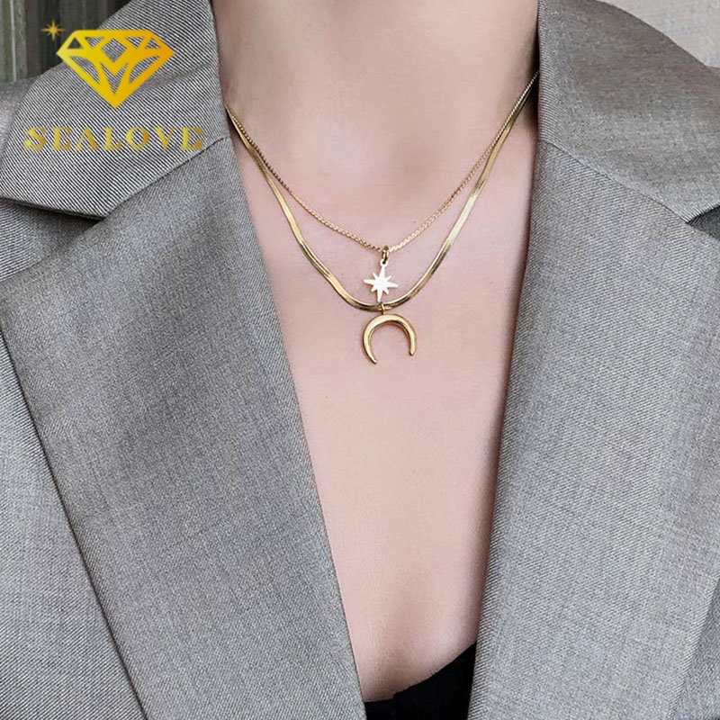 Kalung Titanium Anti Karat Bulan Bintang Emas 18K Cantik Mewah Korea Rantai Belut Aksesoris Wanita Perhiasan