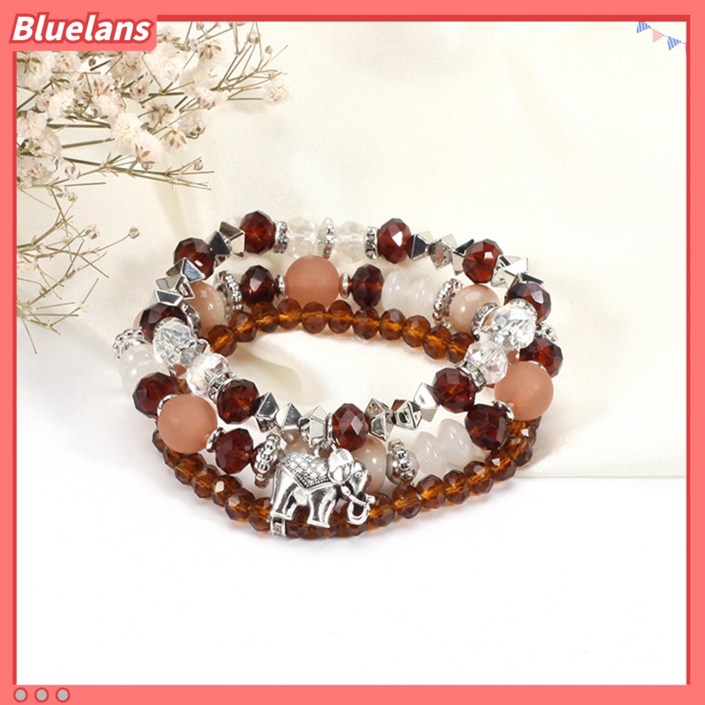 [BLS] 3pcs/set Gajah Menjuntai Tali Elastis Perempuan Gelang Multilayer Wanita Bohemia Manik-Manik Kristal Imitasi Gelang Perhiasan Aksesori