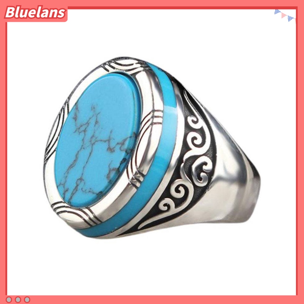 [BLS] Electroplating Polishing Lebar Pria Cincin Punk Retro Ukir Pola Faux Turquoise Ring Perhiasan Aksesoris