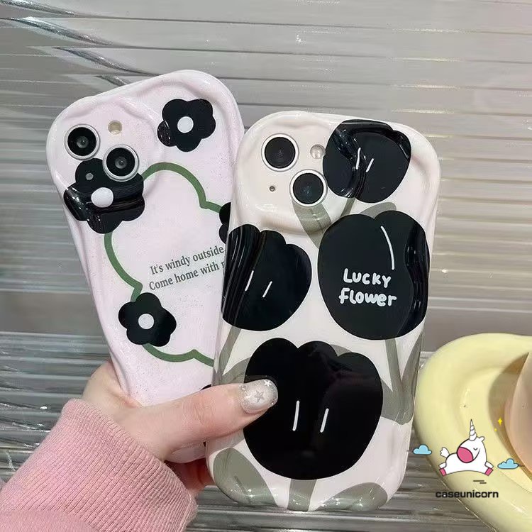 IPHONE Casing 3D Wavy Curved Edge Vintage Tulip Art Line Kompatibel Untuk Iphone13 11 7Plus XR 12 14 Pro Max X6 7 8 6s Plus XS Max SE 2020bunga Retro Shockproof Glossy Tpu Soft Cover