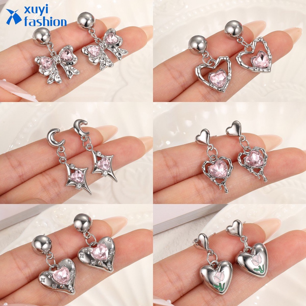 Y2k Anting Tetes Hati Busur Bintang Zirkon Anting Kristal Merah Muda Untuk Wanita Fashion Perhiasan Aksesoris