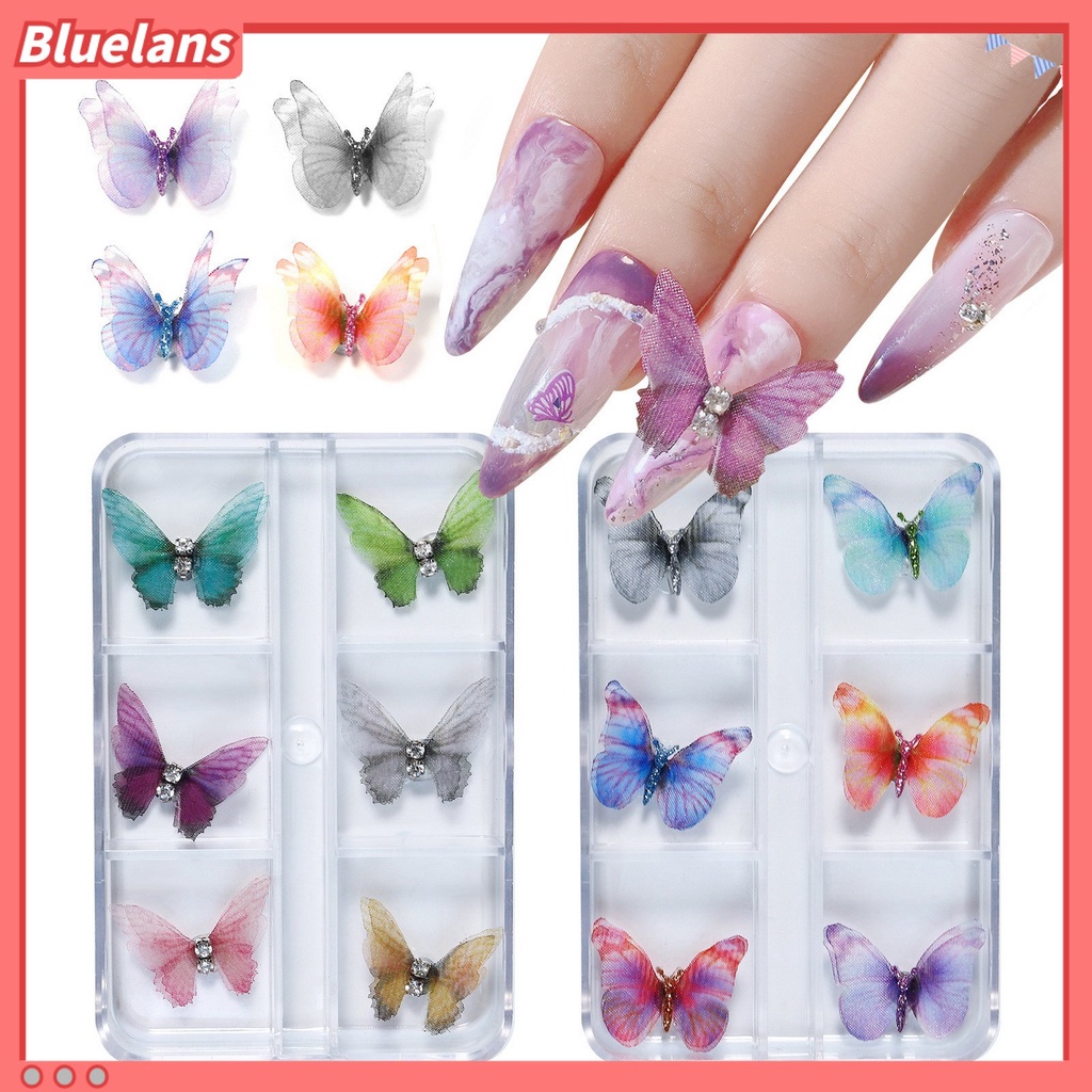 [BLM] 6pcs Dekorasi Kuku 3D Tampilan Realistis Warna Vibrant Mempesona Efek Visual Aplikasi Lebar Dapat Dilepas Aksesoris Nail Art Butterfly 3D Dekorasi Kuku Untuk Salon Kuku