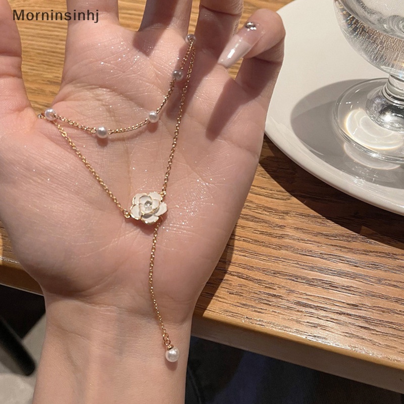 Mornin Kalung Mutiara Rumbai Lapis Ganda Untuk Desain niche Perempuan Rantai Tulang Selangka camellia Ringan Mewah high-end Merasa Temperamen Rantai Leher id