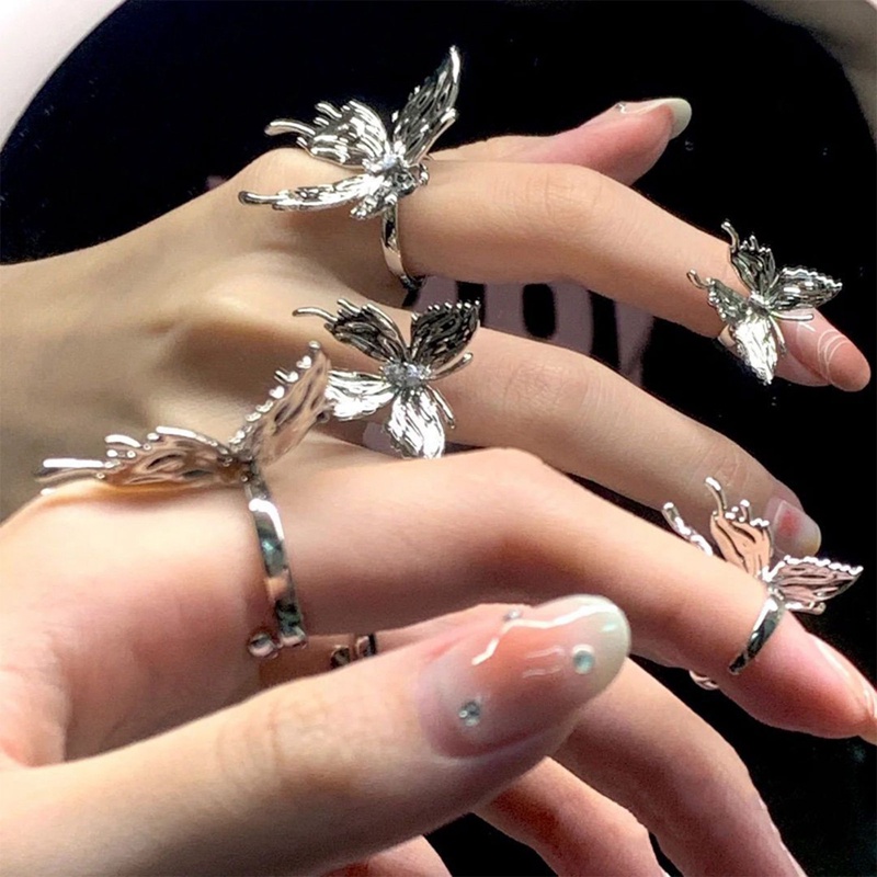 Punk Vintage Logam Cair Dissolved Butterfly Adjustable Wanita Cincin Fashion Indah Anime Gothic Serangga Cincin Gothic Perhiasan