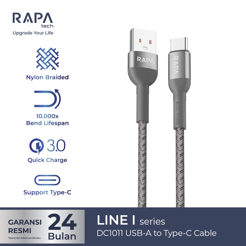 RAPAtech ORIGINAL KABEL DATA TYPE C FAST CHARGING 3A 100cm CABLE MULTI POWER LINE l DC1011 original bergaransi