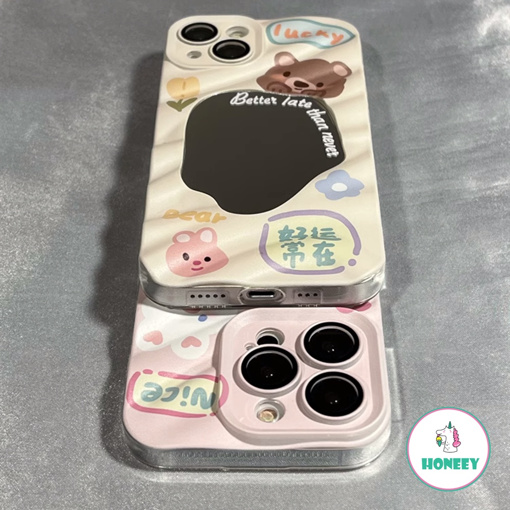 Fashion Makeup Cermin 3D Beruang Lucu Bunny Case Untuk iPhone 14 Pro Max13 12 Pro Max11 Pola Kerut Lembut Shockproof Penutup Belakang