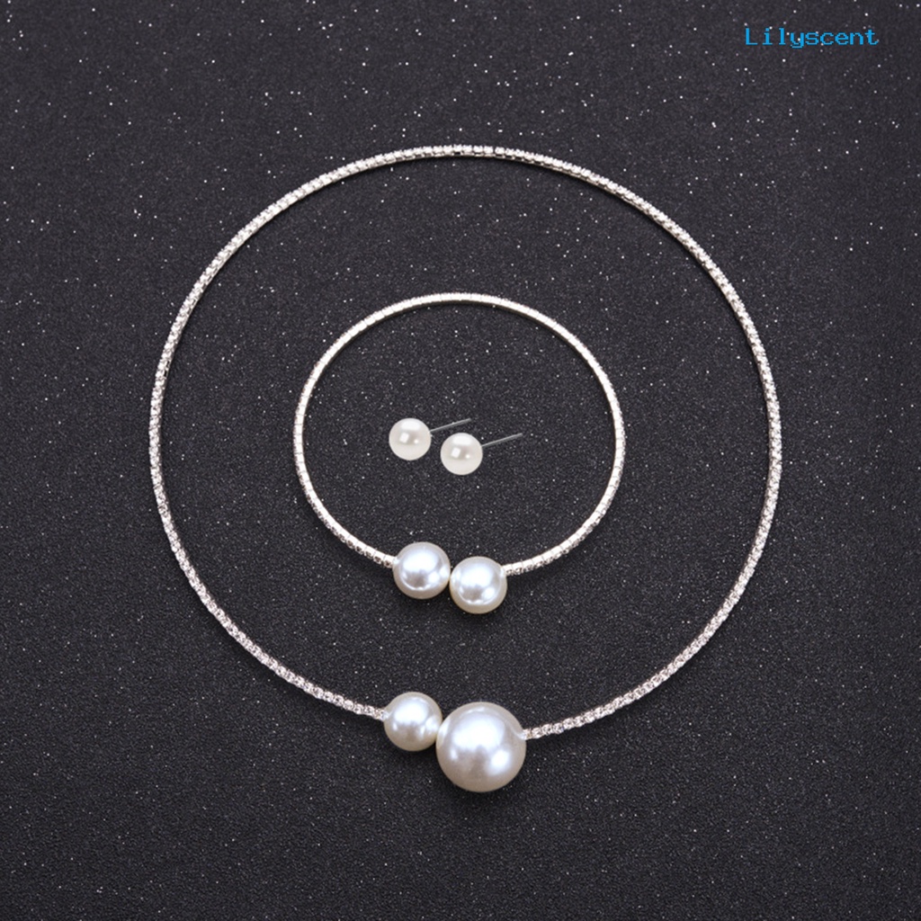 [LS]1 Set Perhiasan Wanita Set Mutiara Imitasi Dipoles Warna Kontras Pembukaan Berlian Imitasi Tubuh Dekorasi Adjustable Telinga Stud Klavikula Kalung Perhiasan Set Wanita Jewelry