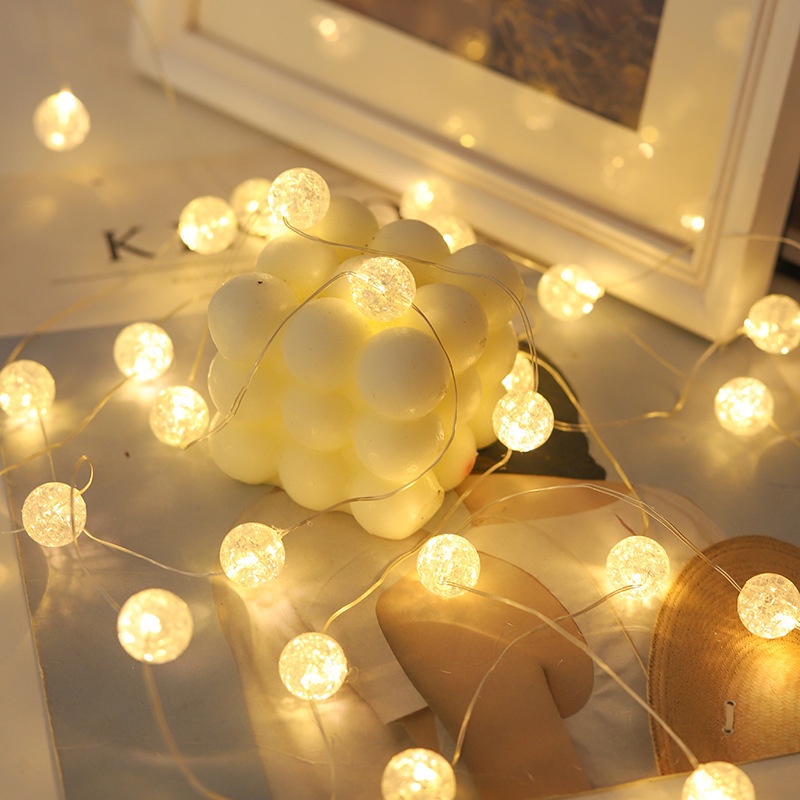 3warna Bola Retak String Lampu DIY Romantis/Untuk Dekorasi Taman Natal Pernikahan Rumah/LED Crackle Ball Fairy Tale Light String/Lampu Kawat Tembaga Tenaga Baterai